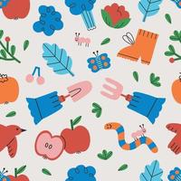 Cute Gardening Tools Seamless Pattern. Fruits, Vegetables, And Bugs Doodle Elements. Colorful Cartoon Gardening Themed Pattern Design vector