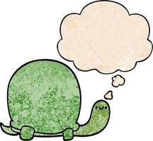 Linda tortuga de dibujos animados y burbuja de pensamiento en estilo de patrón de textura grunge vector