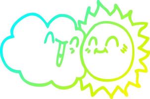 cold gradient line drawing cartoon happy sun and cloud vector