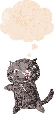 cartoon cat and thought bubble in retro textured style