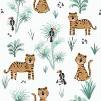 Tiger and hornbill bird in tropical forest seamless pattern vector