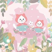 Cute mom and baby kitty cat in sweet garden vector