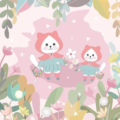 Cute mom and baby kitty cat in sweet garden