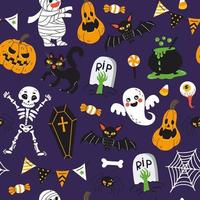 Halloween festive seamless pattern. Endless background with pumpkins, skeletons, bats, spiders, ghosts, bones, candy, zombies, eyes, tombstone and cats. Hand drawn vector illustration.
