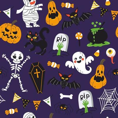 Halloween festive seamless pattern. Endless background with pumpkins, skeletons, bats, spiders, ghosts, bones, candy, zombies, eyes, tombstone and cats. Hand drawn vector illustration.
