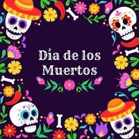Day of dead mexican carnival celebration frame design with skulls and floral ornament. Dia de muertos Holiday flower border. Vector illustration.