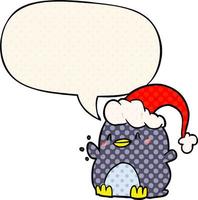 cartoon penguin wearing christmas hat and speech bubble in comic book style vector