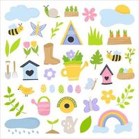 conjunto de primavera elementos dibujados a mano - flores, pajareras, pájaros, insectos, huevos y otros. para póster, etiqueta, kit de pegatinas. ilustración vectorial vector