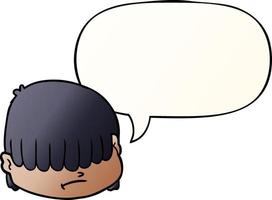 cartoon face and hair over eyes and speech bubble in smooth gradient style vector