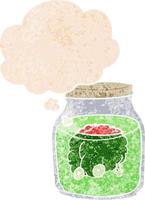 cartoon spooky brain in jar and thought bubble in retro textured style vector