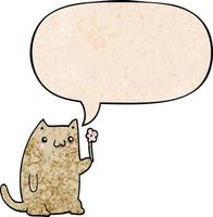 cute cartoon cat and flower and speech bubble in retro texture style vector