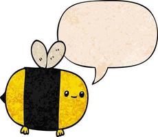 cute cartoon bee and speech bubble in retro texture style vector