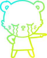 cold gradient line drawing crying cartoon bear in dress pointing vector