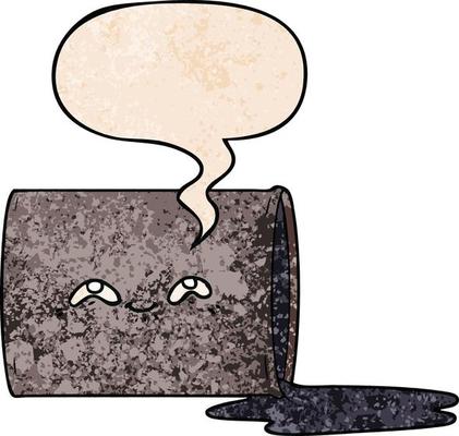 cartoon oil drum and speech bubble in retro texture style