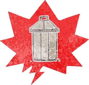 cartoon garbage can and speech bubble in retro textured style vector