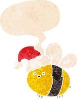 cute cartoon bee wearing christmas hat and speech bubble in retro textured style
