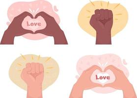 Love and support 2D vector isolated illustration set. Flat hand gestures on cartoon background. Colourful editable scene for mobile, website, presentation collection