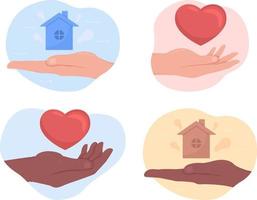 Help 2D vector isolated illustration set. Charitable offers flat hand gestures on cartoon background. Provide dwelling and support colourful editable scene for mobile, website, presentation collection