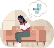 Woman with strong abdominal ache 2D vector isolated illustration. Diarrhea and bowel infection flat character on cartoon background. Disease colourful editable scene for mobile, website, presentation