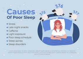 Causes of insomnia flat vector banner template. Informative poster, leaflet printable color designs. Editable flyer page with text space