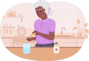 Senior woman with pills at home 2D vector isolated illustration. Vitamin supplement. Medicine flat character on cartoon background. Treatment colourful editable scene for mobile, website, presentation