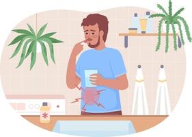 hombre con dolor de estómago tomando drogas en casa 2d vector ilustración aislada. enfermedad curar carácter plano sobre fondo de dibujos animados. escena editable colorida de atención médica para móvil, sitio web, presentación