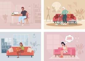 People suffering from different pain flat color vector illustrations set. Health problems. Heart attack. Fully editable 2D simple cartoon characters with interior on background collection