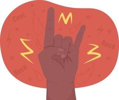 Rock n roll salute 2D vector isolated illustration. Heavy metal flat hand gesture on cartoon background. Devil horns colourful editable scene for mobile, website, presentation