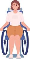 mujer sonriente que usa un carácter vectorial de color semiplano en silla de ruedas. figura editable. persona de cuerpo completo en blanco. inclusión simple ilustración de estilo de dibujos animados para diseño gráfico web y animación vector