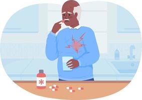 Senior man taking drugs against heart pain 2D vector isolated illustration. Cardiology flat character on cartoon background. Treatment colourful editable scene for mobile, website, presentation