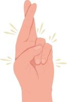 Crossed fingers semi flat color vector hand gesture. Editable pose. Human body part on white. Wish for luck cartoon style illustration for web graphic design, animation, sticker pack