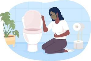 mujer que sufre de náuseas en el baño 2d vector ilustración aislada. personaje plano de infección intestinal en el fondo de dibujos animados. escena editable colorida de enfermedad para móvil, sitio web, presentación