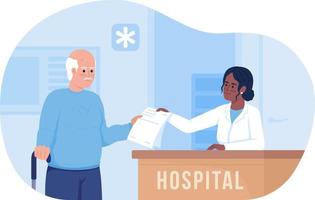 Senior man visiting hospital 2D vector isolated illustration. Healthcare service flat characters on cartoon background. Colourful editable scene for mobile, website, presentation