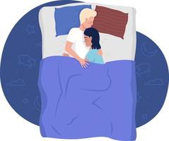 Hugging man and woman sleeping in bed 2D vector isolated illustration. Love relationship flat characters on cartoon background. Romantic colourful editable scene for mobile, website, presentation