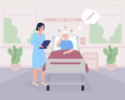 Doctor and patient with high temperature flat color vector illustration. Fever and headache. Healthcare. Fully editable 2D simple cartoon characters with Hospital interior on background