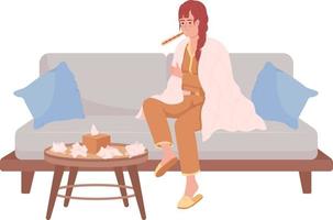 Woman suffering from cold semi flat color vector character. High temperature. Editable figure. Full body person on white. Illness simple cartoon style illustration for web graphic design and animation