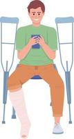 Man with broken leg looking at phone semi flat color vector character. Editable figure. Full body person on white. Traumatology simple cartoon style illustration for web graphic design and animation