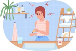 Woman taking pills against headache 2D vector isolated illustration. Drugs to treat migraine flat character on cartoon background. Domestic colourful editable scene for mobile, website, presentation