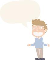 cartoon boy shrugging and speech bubble in retro style vector