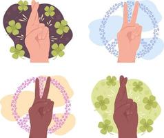 Finger symbols 2D vector isolated illustration set. Peace and luck flat hand gestures on cartoon background. Hope sign colourful editable scene for mobile, website, presentation collection