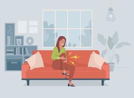 Woman suffering from pain in leg flat color vector illustration. Arthritis attack. Injured joint problem. Knee ache. Fully editable 2D simple cartoon character with living room on background