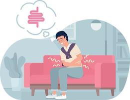 Man suffering from abdominal pain at home 2D vector isolated illustration. Unhealthy gut flat character on cartoon background. Colourful editable scene for mobile, website, presentation