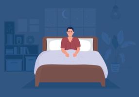 Man suffering from insomnia in bedroom flat color vector illustration. Stress and anxiety. Sleep disorder impact. Fully editable 2D simple cartoon character with interior on background