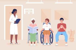 Queue in hospital hall flat color vector illustration. Doctor appointment. Healthcare service. Fully editable 2D simple cartoon characters with clinic on background