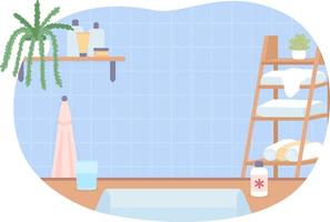 Empty bathroom 2D vector isolated illustration. Medication and water on counter. Arrangement flat interior on cartoon background. Domestic colourful editable scene for mobile, website, presentation