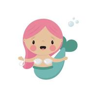 Vector illustration with cute Mermaid. Cartoon style. Isolated on a white background. Good for birthday cards, invitations, stickers, prints etc.