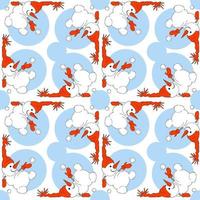 Flat cartoon picture with a snowman. The snowman rolls over. Red Pattern Elements create a seamless square ornament. vector