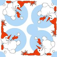 Flat cartoon picture with a snowman. The snowman rolls over. Red Pattern Elements create a seamless square ornament. vector