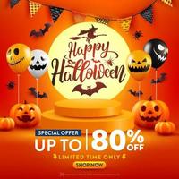 Halloween Sale Promotion Poster or banner with Halloween Pumpkin and Ghost Balloons.Scary air balloons with Product podium scene.Website spooky,Background or banner Halloween template. vector