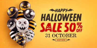 Halloween Sale Promotion Poster or banner with Halloween Ghost Balloons on Orange background.Scary air balloons.Website spooky,Background or banner Halloween template. vector